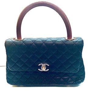 Chanel coco caviar black quilted w/burgundy  lizard handle small single flap bag